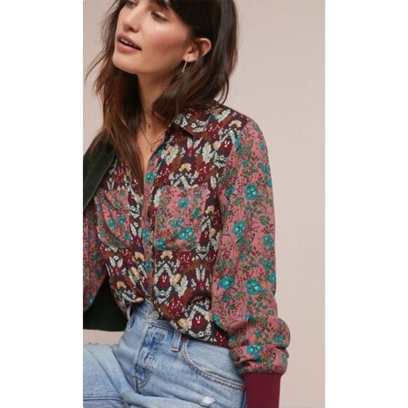 Anthropologie Women's Blouse Top Shirt Tiny Printed XS Olsen Floral Buttondown - Picture 1 of 9